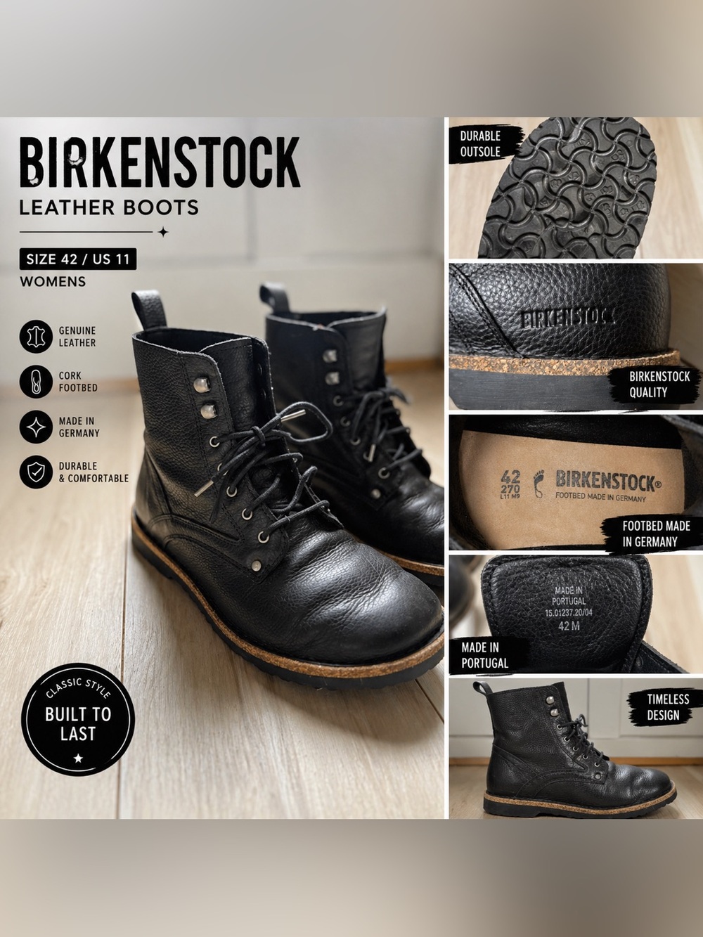 Birkenstock Black Leather Lace Up Boots Size 42 / US 11 Womens Combat Cork Sole